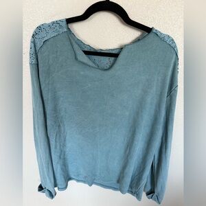 Knox Rose Waffle Knit Lace Shoulder Top Size M Blue Long Sleeve Boho